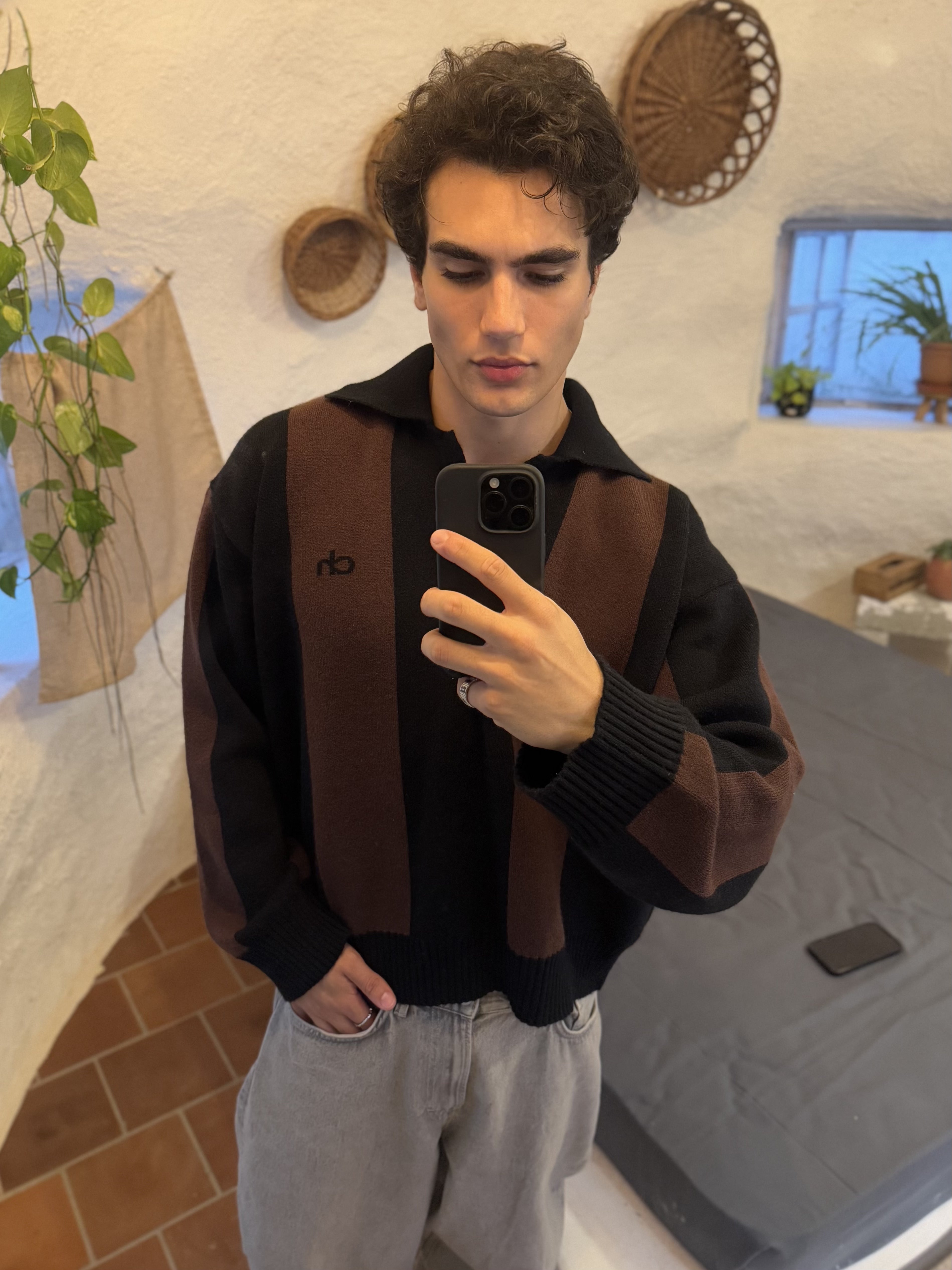 Cream and Black Striped Polo Style Sweater