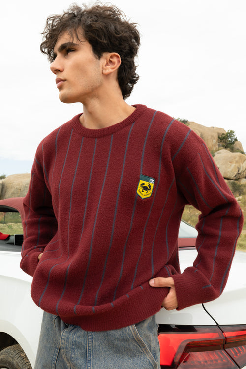Maroon and Grey Vertical Stripe Jacquard Pullover