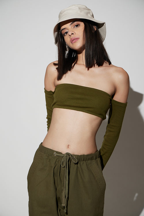 Olive Ribbed Off Shoulder Top