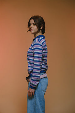 Striped Fine Knit Long Sleeve Polo