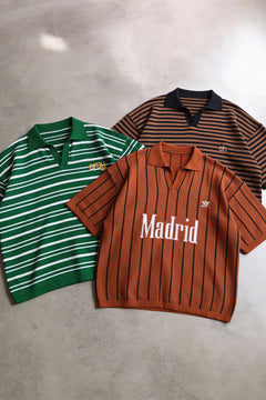 Drop Shoulder Striped Fine Knit Polo | Forest Green, Drop Shoulder Striped Fine Knit Polo | Brown & Madrid Jacquard Fine Knit Polo | Rust Orange
