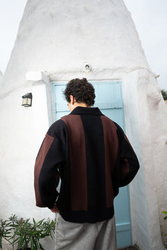 Deep Brown and Black Stripe Knit Polo Sweater