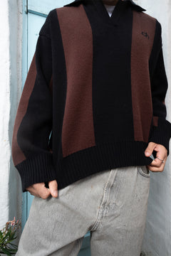 Deep Brown and Black Stripe Knit Polo Sweater