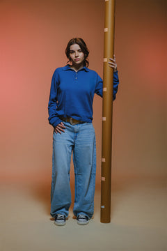 Fine Knit Long Sleeve Polo - Denim Blue