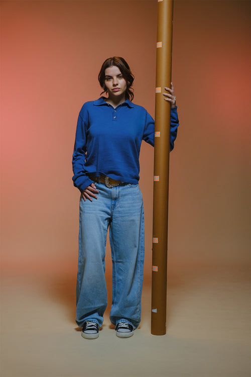 Fine Knit Long Sleeve Polo - Denim Blue