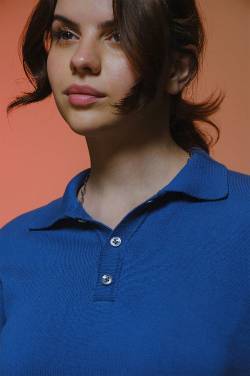 Fine Knit Long Sleeve Polo - Denim Blue