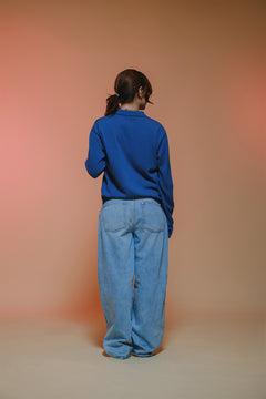 Fine Knit Long Sleeve Polo - Denim Blue