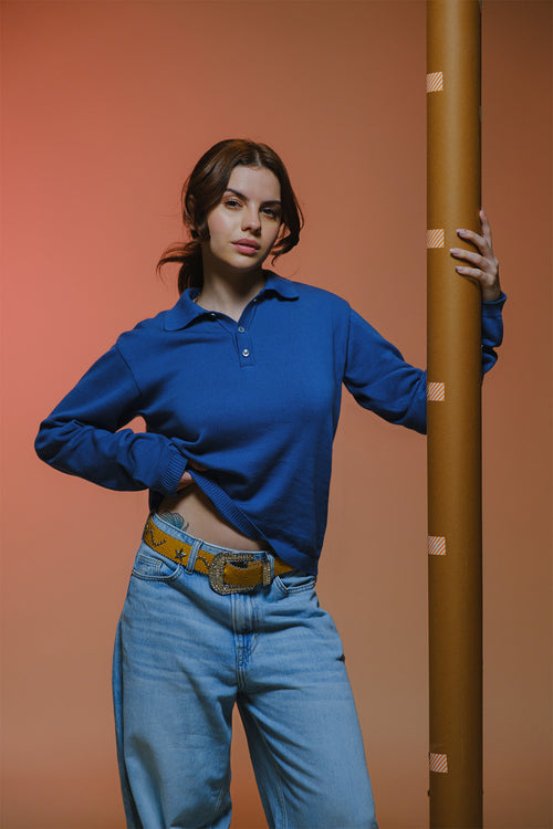 Fine Knit Long Sleeve Polo - Denim Blue
