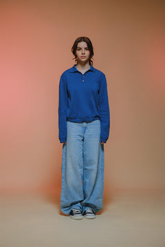 Fine Knit Long Sleeve Polo - Denim Blue