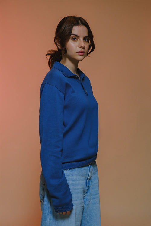 Fine Knit Long Sleeve Polo - Denim Blue