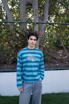 Teal Varsity Striped Long Sleeve Cotton Tee