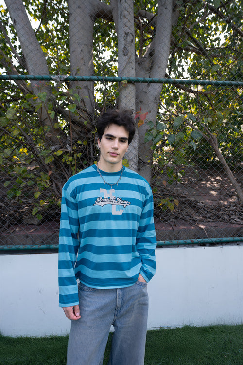 Teal Varsity Striped Long Sleeve Cotton Tee