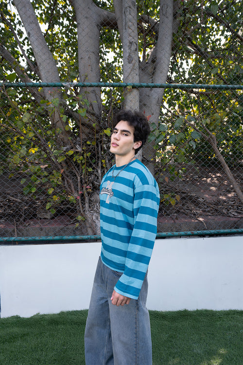 Teal Varsity Striped Long Sleeve Cotton Tee