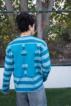 Teal Varsity Striped Long Sleeve Cotton Tee