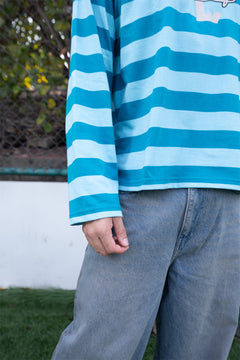 Teal Varsity Striped Long Sleeve Cotton Tee