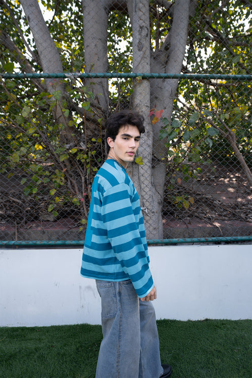 Teal Varsity Striped Long Sleeve Cotton Tee