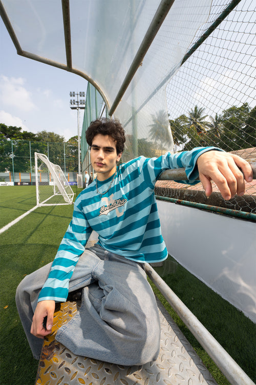 Teal Varsity Striped Long Sleeve Cotton Tee