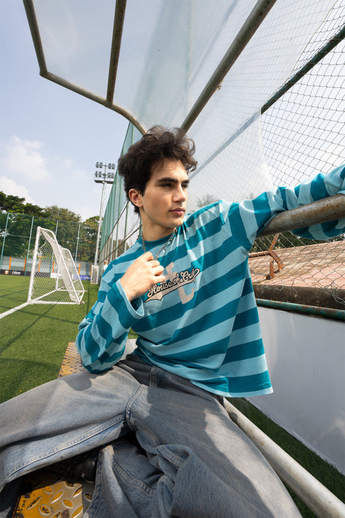 Teal Varsity Striped Long Sleeve Cotton Tee