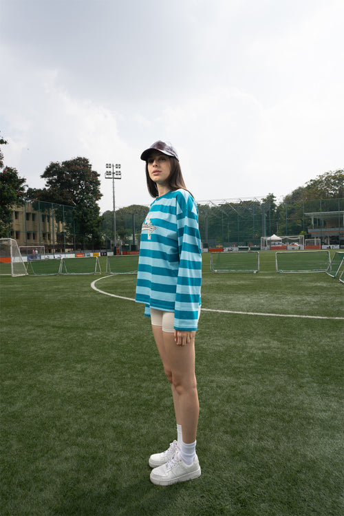 Teal Varsity Striped Long Sleeve Cotton Tee