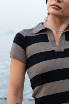 Fine Knit Stripe Polo | Taupe & Black