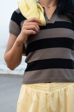 Fine Knit Stripe Polo | Taupe & Black