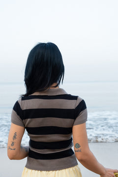 Fine Knit Stripe Polo | Taupe & Black