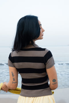 Fine Knit Stripe Polo | Taupe & Black