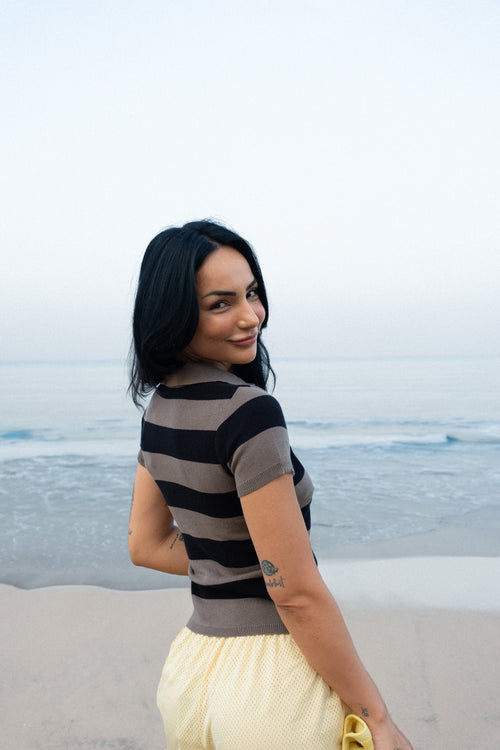 Fine Knit Stripe Polo | Taupe & Black