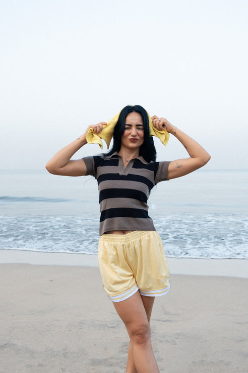 Fine Knit Stripe Polo | Taupe & Black