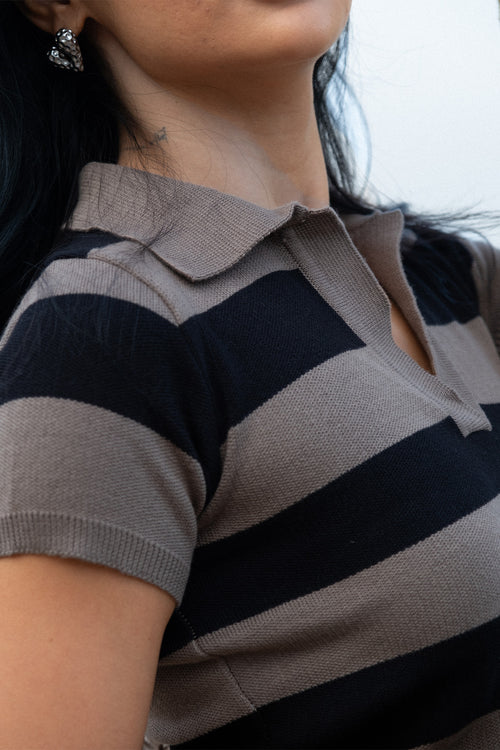 Fine Knit Stripe Polo | Taupe & Black