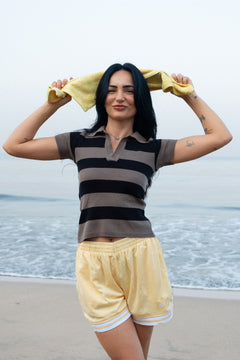 Fine Knit Stripe Polo | Taupe & Black