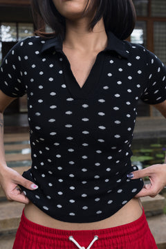 Fine Knit Polka Dot Polo | Black
