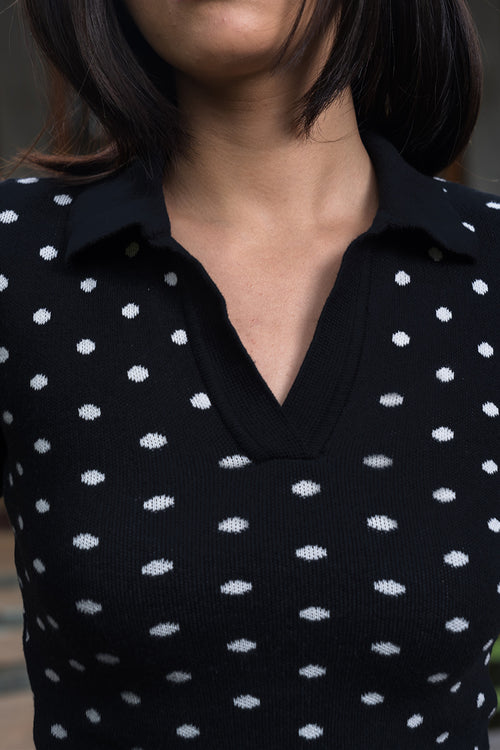 Fine Knit Polka Dot Polo | Black