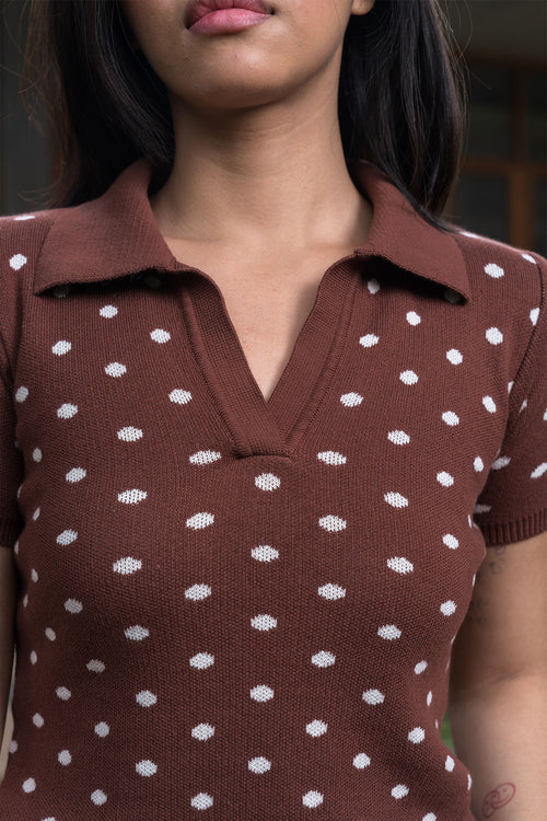 Fine Knit Polka Dot Polo | Brown