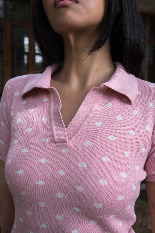 Fine Knit Polka Dot Polo | Pink