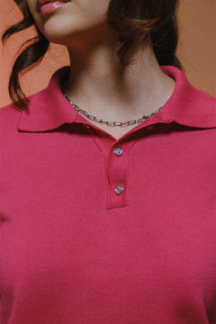 Fine Knit Long Sleeve Polo - Hot Pink