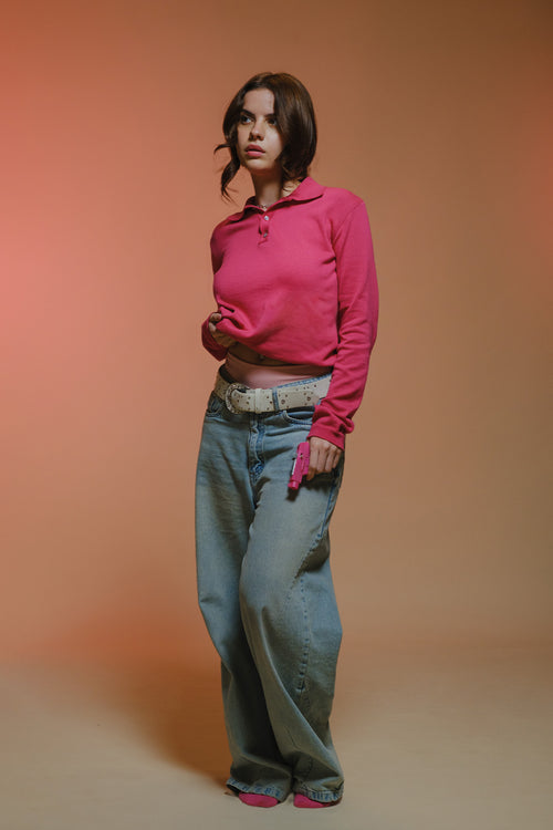 Fine Knit Long Sleeve Polo - Hot Pink