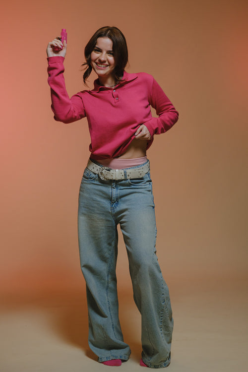 Fine Knit Long Sleeve Polo - Hot Pink