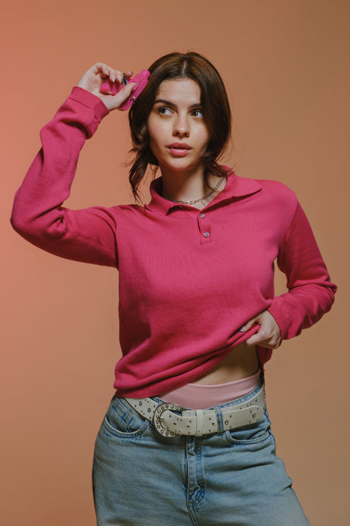 Fine Knit Long Sleeve Polo - Hot Pink