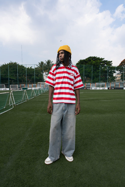 Relaxed Fit Red and White Striped Polo Tee