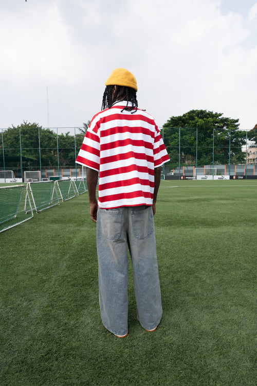 Relaxed Fit Red and White Striped Polo Tee