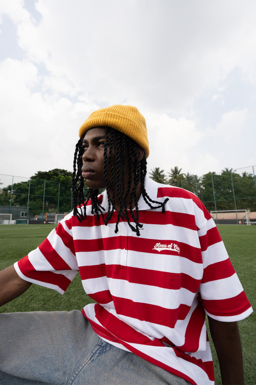 Relaxed Fit Red and White Striped Polo Tee