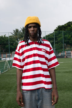 Relaxed Fit Red and White Striped Polo Tee