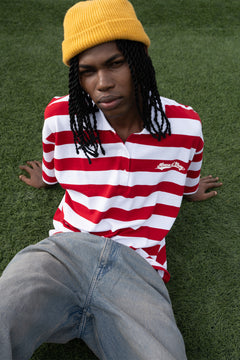 Relaxed Fit Red and White Striped Polo Tee