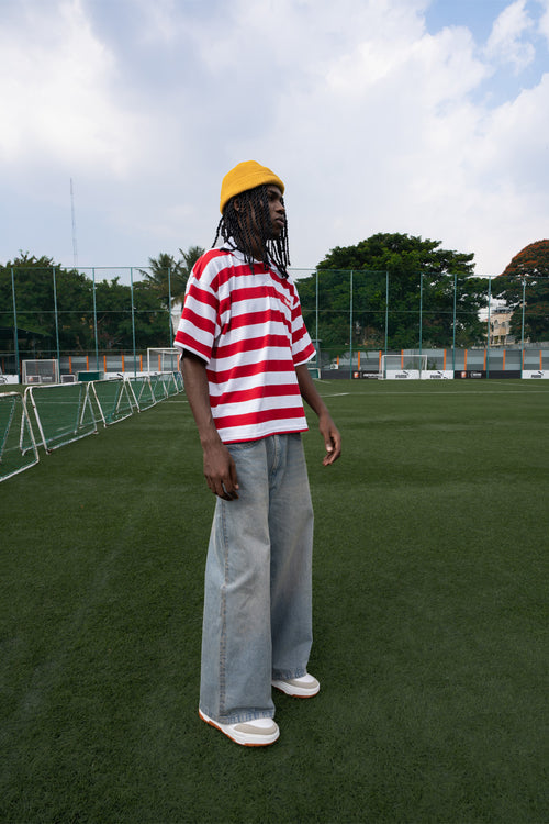 Relaxed Fit Red and White Striped Polo Tee