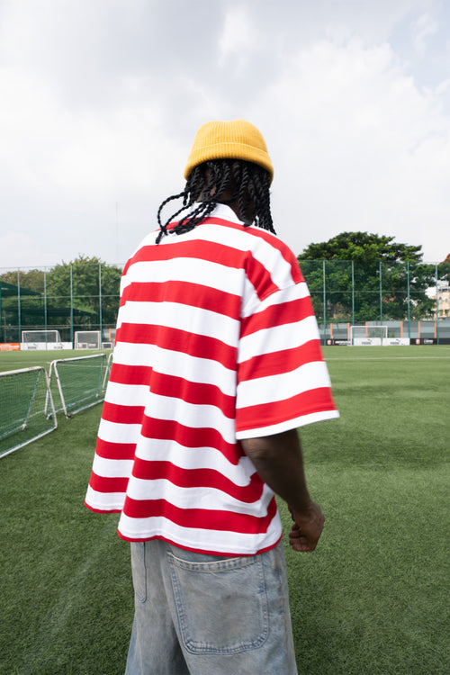 Relaxed Fit Red and White Striped Polo Tee