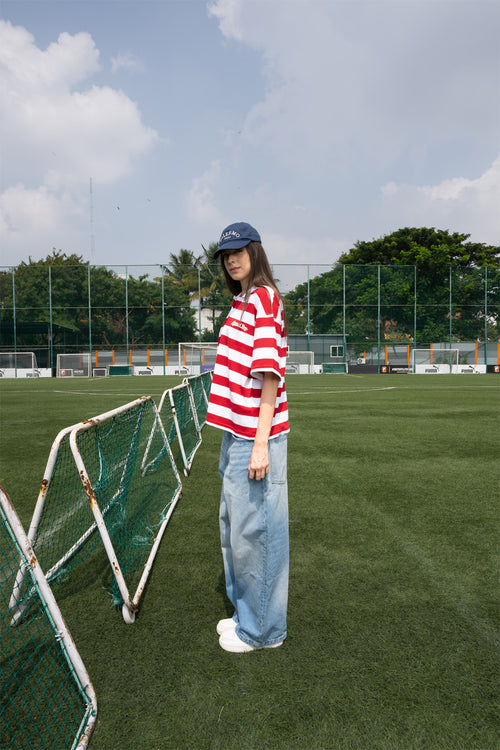 Relaxed Fit Red and White Striped Polo Tee