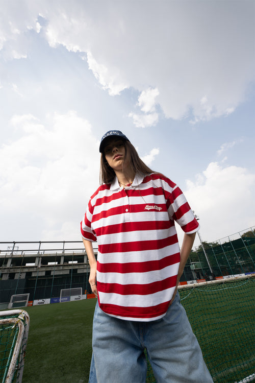 Relaxed Fit Red and White Striped Polo Tee