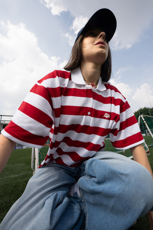 Relaxed Fit Red and White Striped Polo Tee