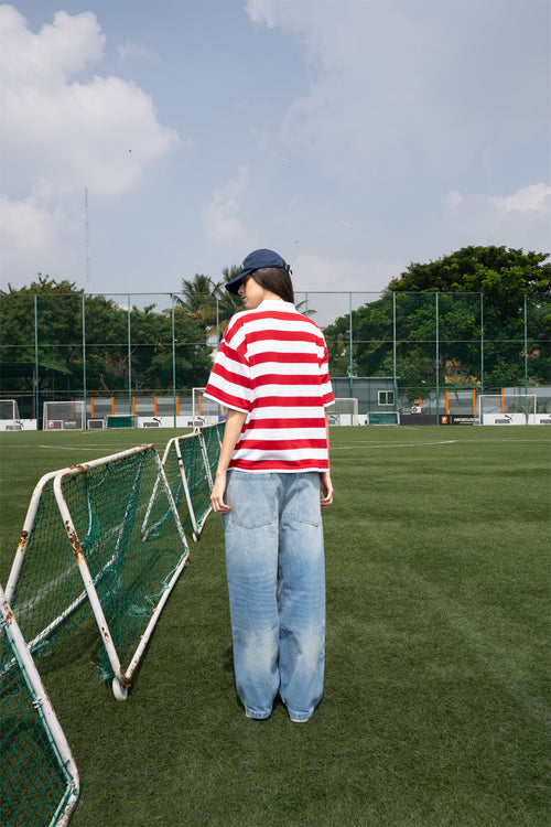 Relaxed Fit Red and White Striped Polo Tee